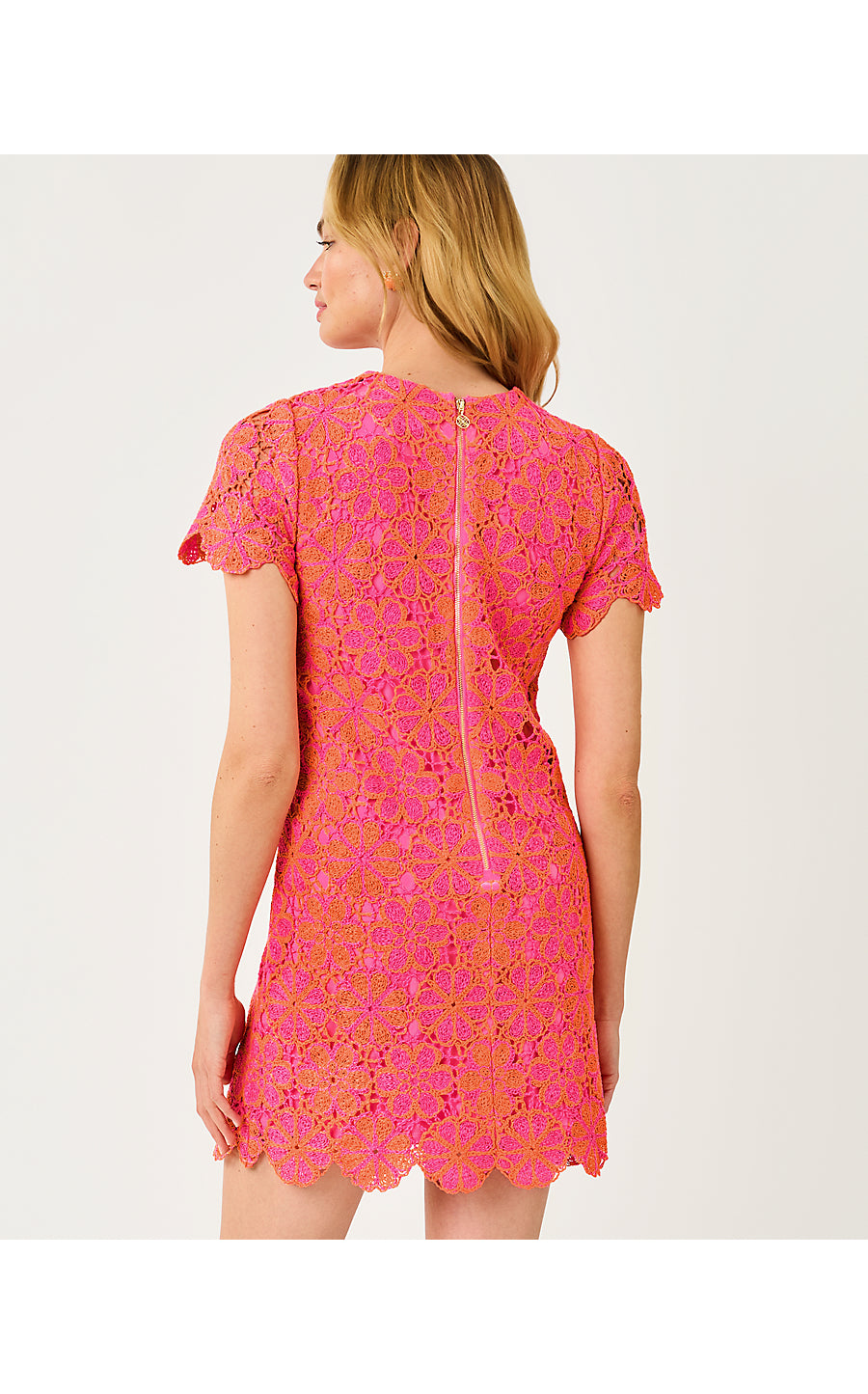 CORTNEY CROCHET SHIFT - CHERRY BLOSSOM PINK X SUNSET ORANGE - FULL BLOOM KNIT CROCHET PANEL