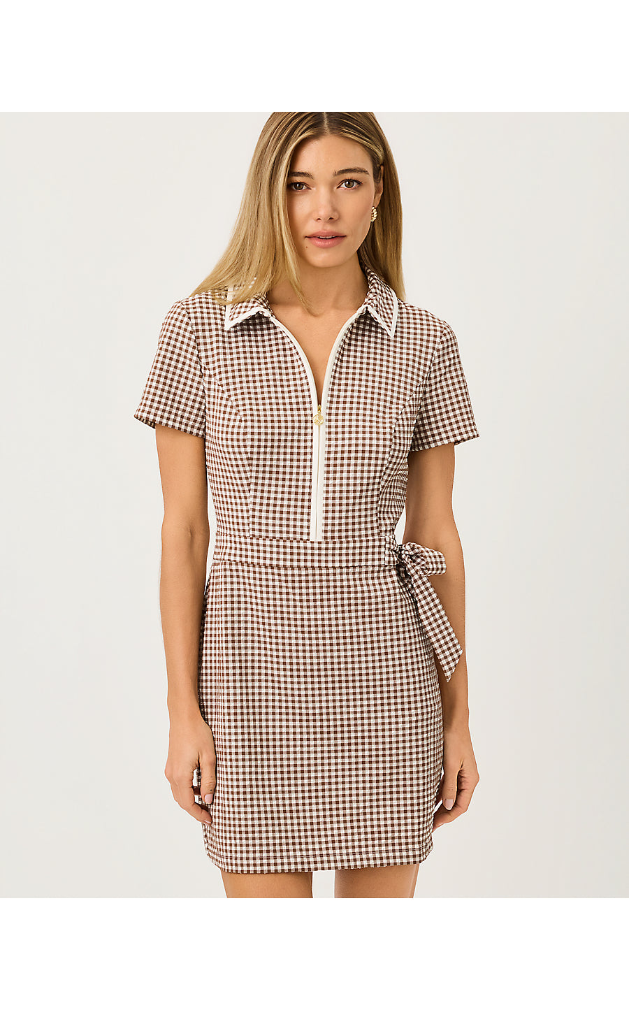 KATHY SHORT SLEEVE TIE DR - COCO BEACH - MINI PERFORMANCE GINGHAM