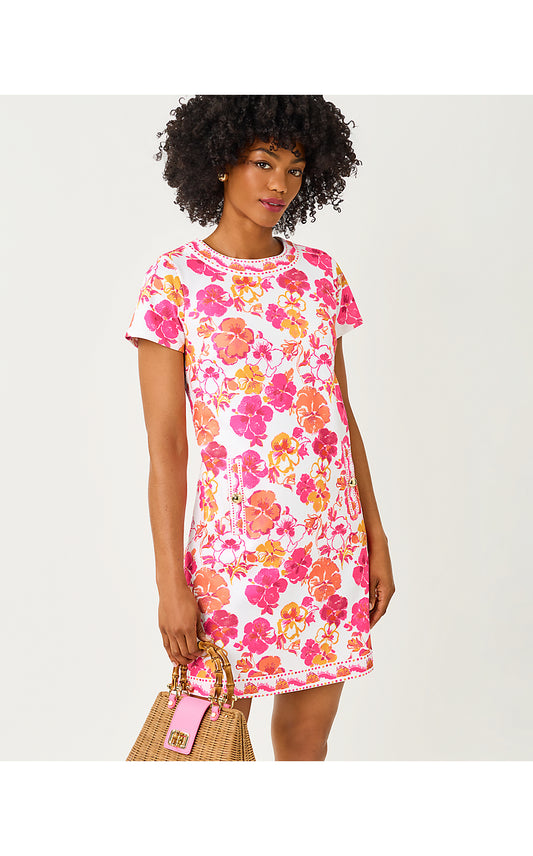 LINNEA SHIFT DRESS - RESORT WHITE - PANSY FANSY ENGINEERED KNIT SHIFT