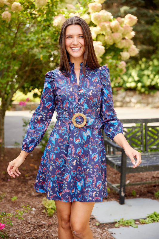 BELTED LONG SLEEVE TUNIC DRESS- AZTEC FLORAL