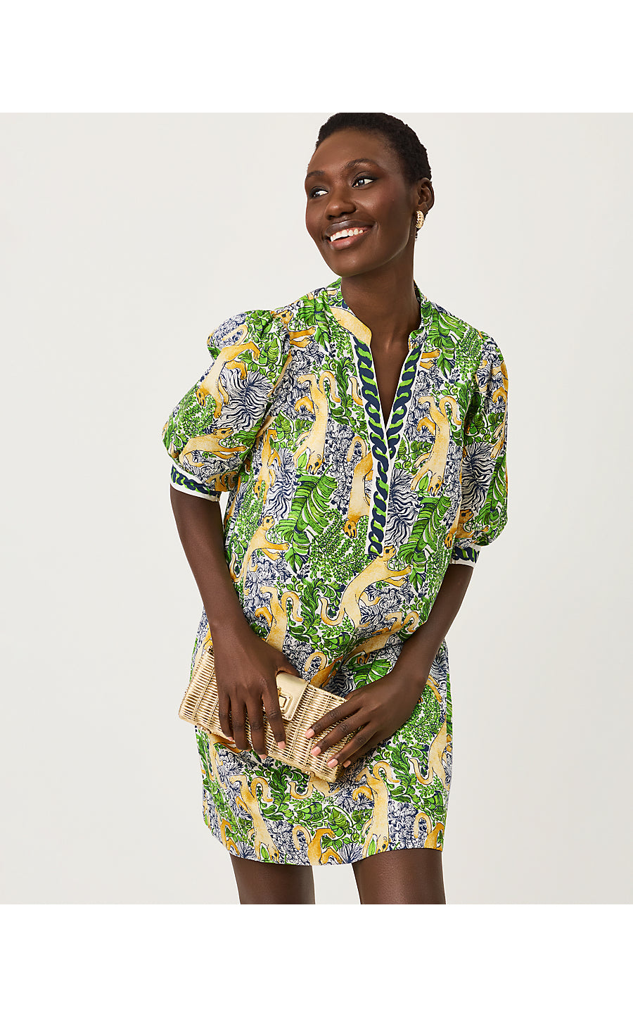MIALEIGH ELBOW SLEEVE DRE - MULTI - LIL PALM PROWL ENGINEERED WOVEN DRESS