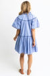 Vneck Contrast Emb Tier Dress - Blue
