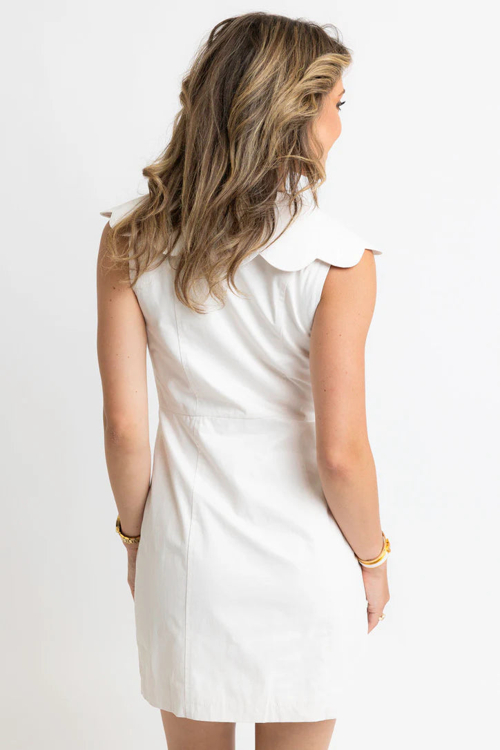 SOLID SCALLOP VNECK SLEEVELESS DRESS - IVORY