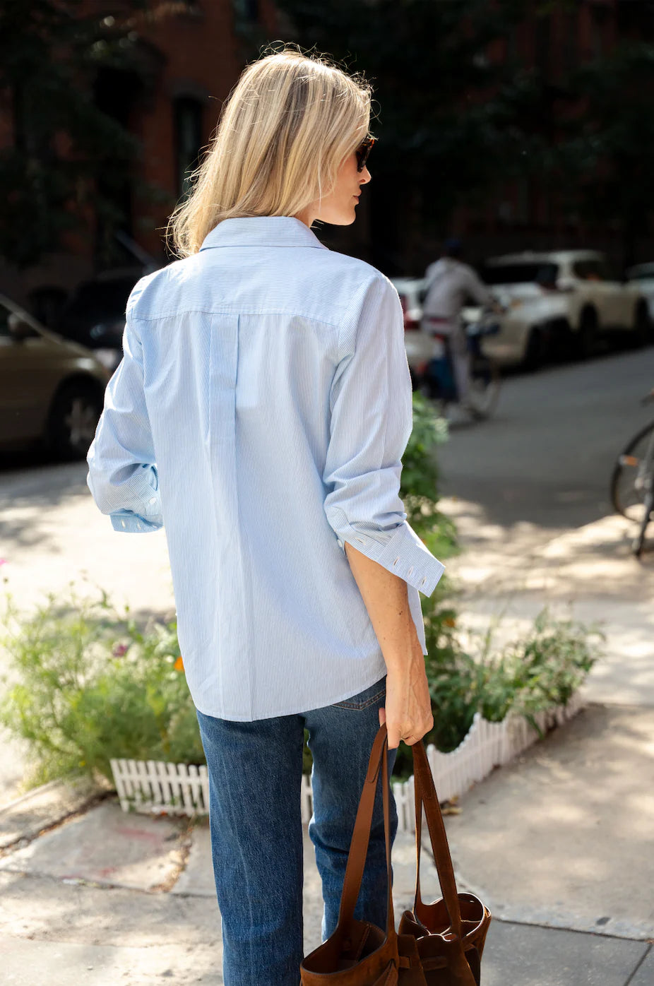 Blue & White Stripe Embroidered Button Down