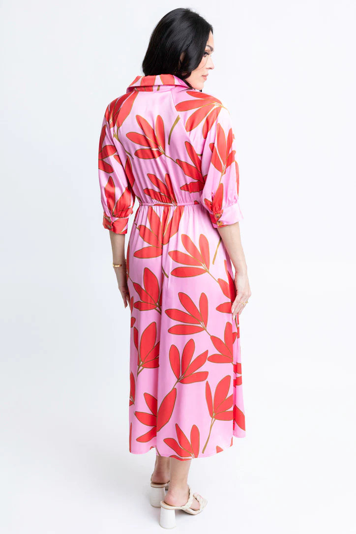 SATIN PALM FLORAL SHIRT DRESS