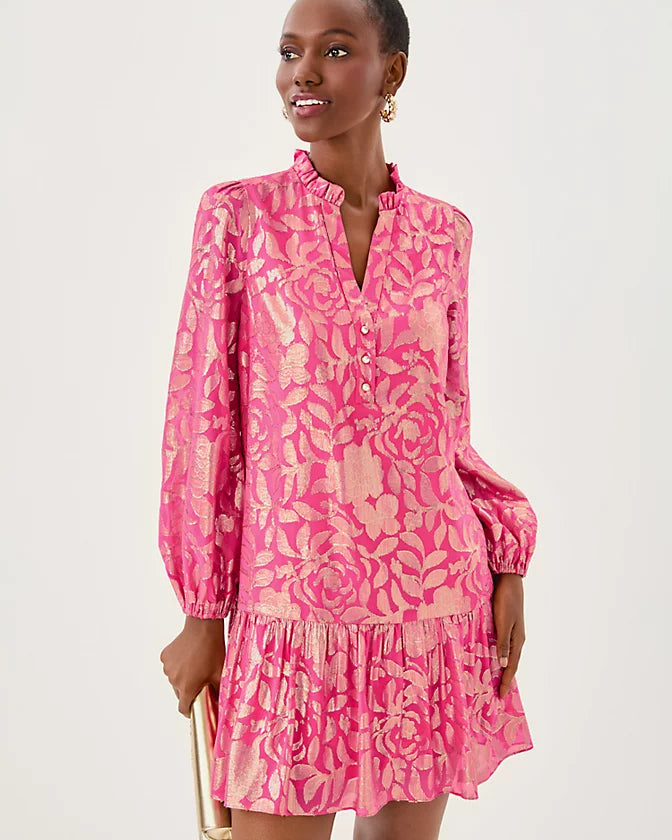 EVALINE SILK DRESS - SUN SHELL PINK - FLORAL BLOOM SILK CLIP