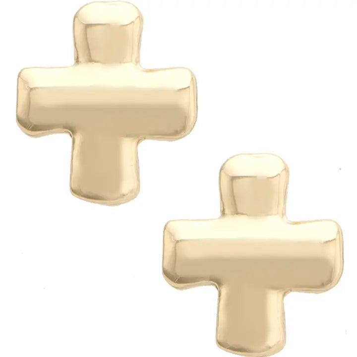 Belle Square Cross Stud Earrings in Shiny Gold