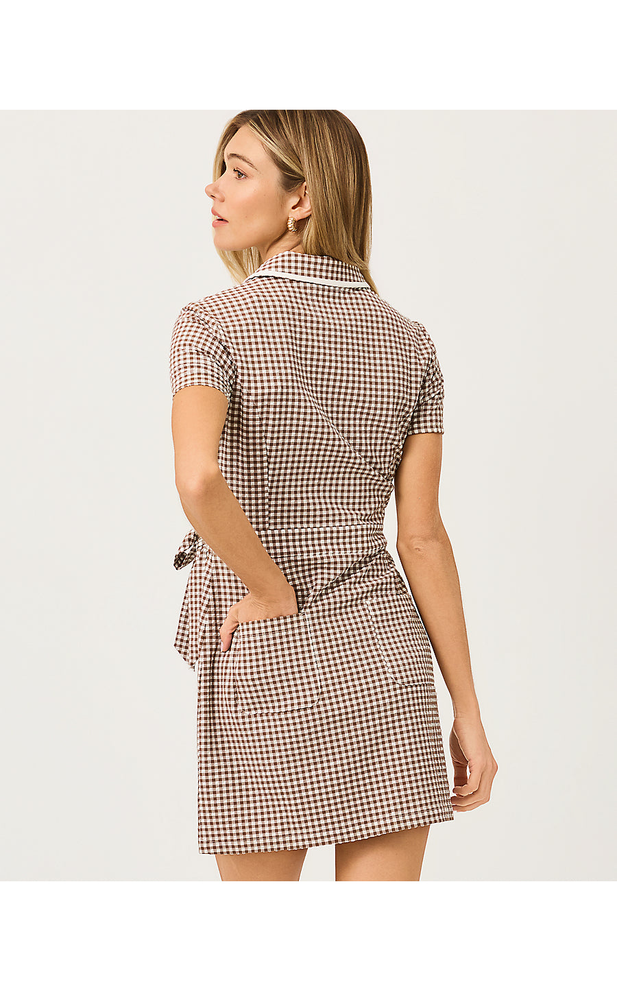 KATHY SHORT SLEEVE TIE DR - COCO BEACH - MINI PERFORMANCE GINGHAM