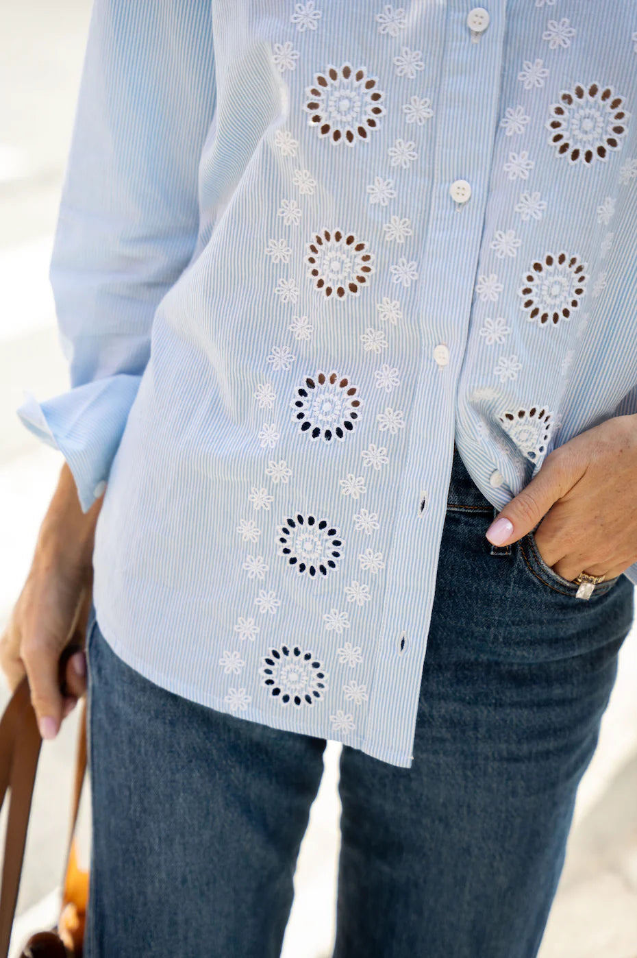 Blue & White Stripe Embroidered Button Down