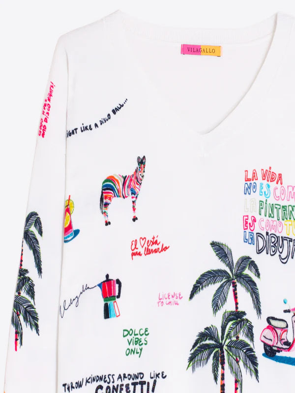 QUIRKY PRINTED WHITE JERSEY SWEATER