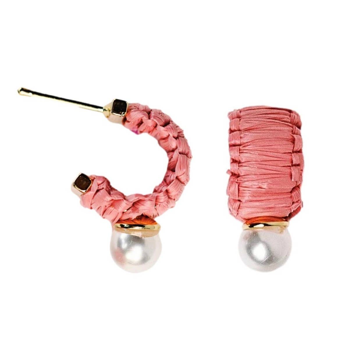 Mini Raffia and Pearl Huggie Hoop - Pink