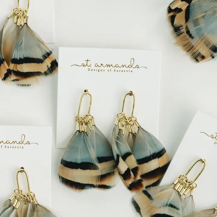 Brown Striped Fall Feather Statement Tassel Earrings