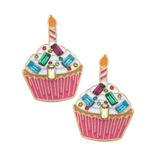 Bejeweled Birthday Cupcake Stud Earrings in Rainbow Multi