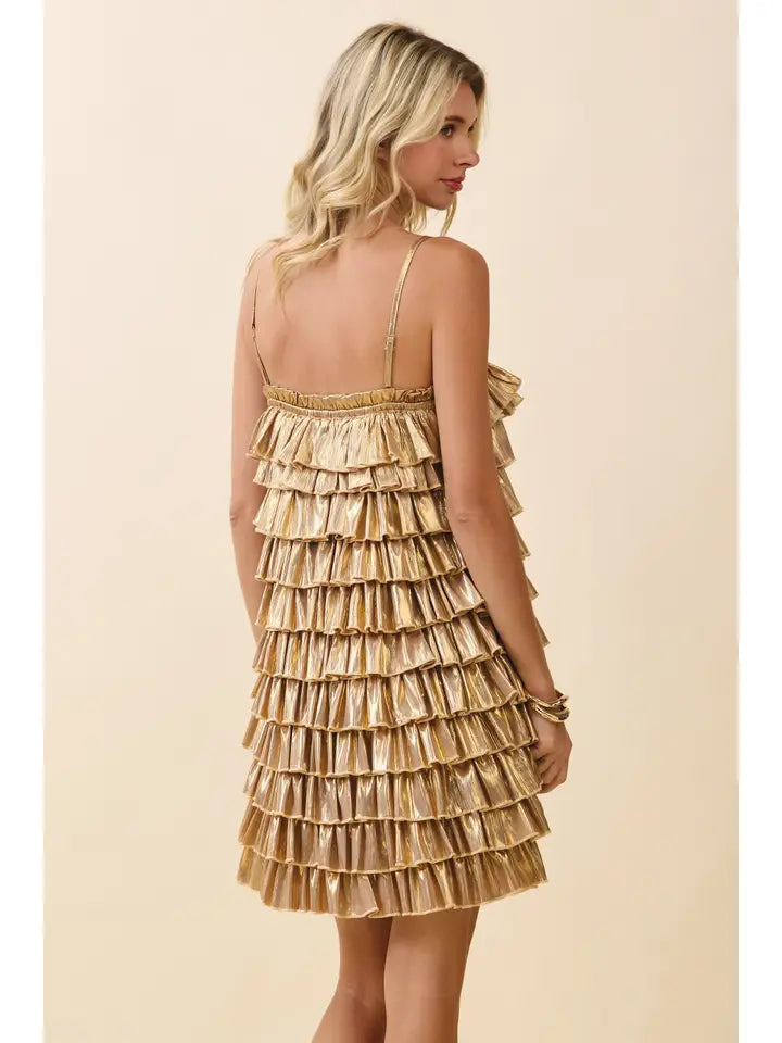 Metallic Layered Ruffle Tiers Pleated Mini Dress - Gold