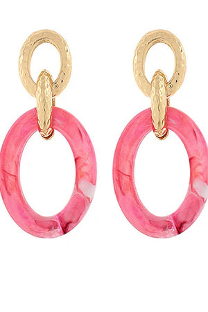 Linked Acrylic & Textured Metal Oval Earrings - Pink