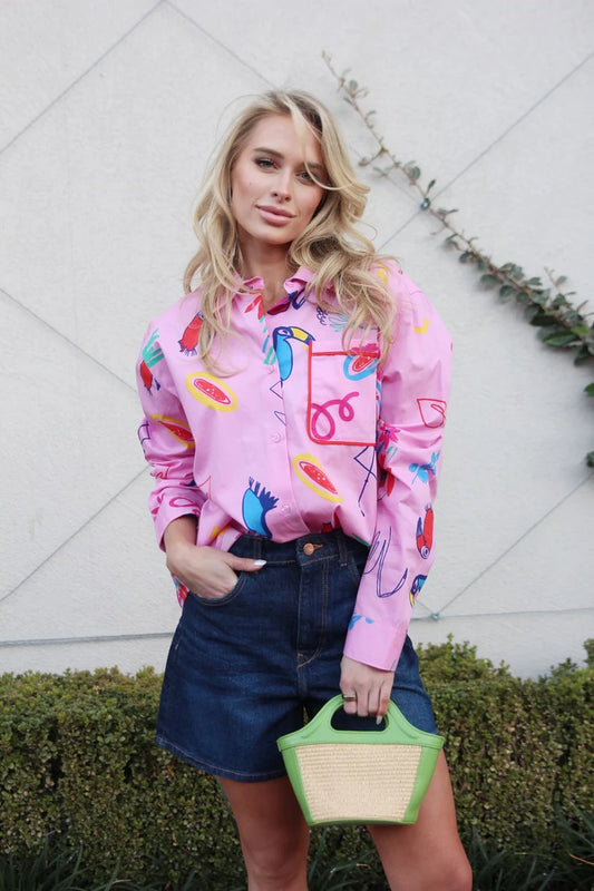 Artist Poplin Button Up Top - Magenta