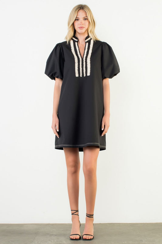 Puff Sleeve Embroidered Textured Dress