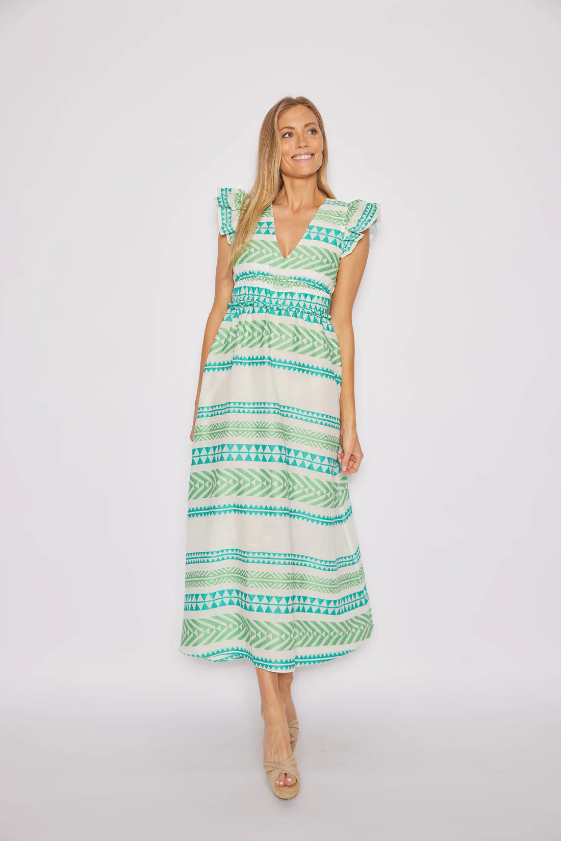 Green Jacquard V-Neck Flutter Sleeve Maxi Dress