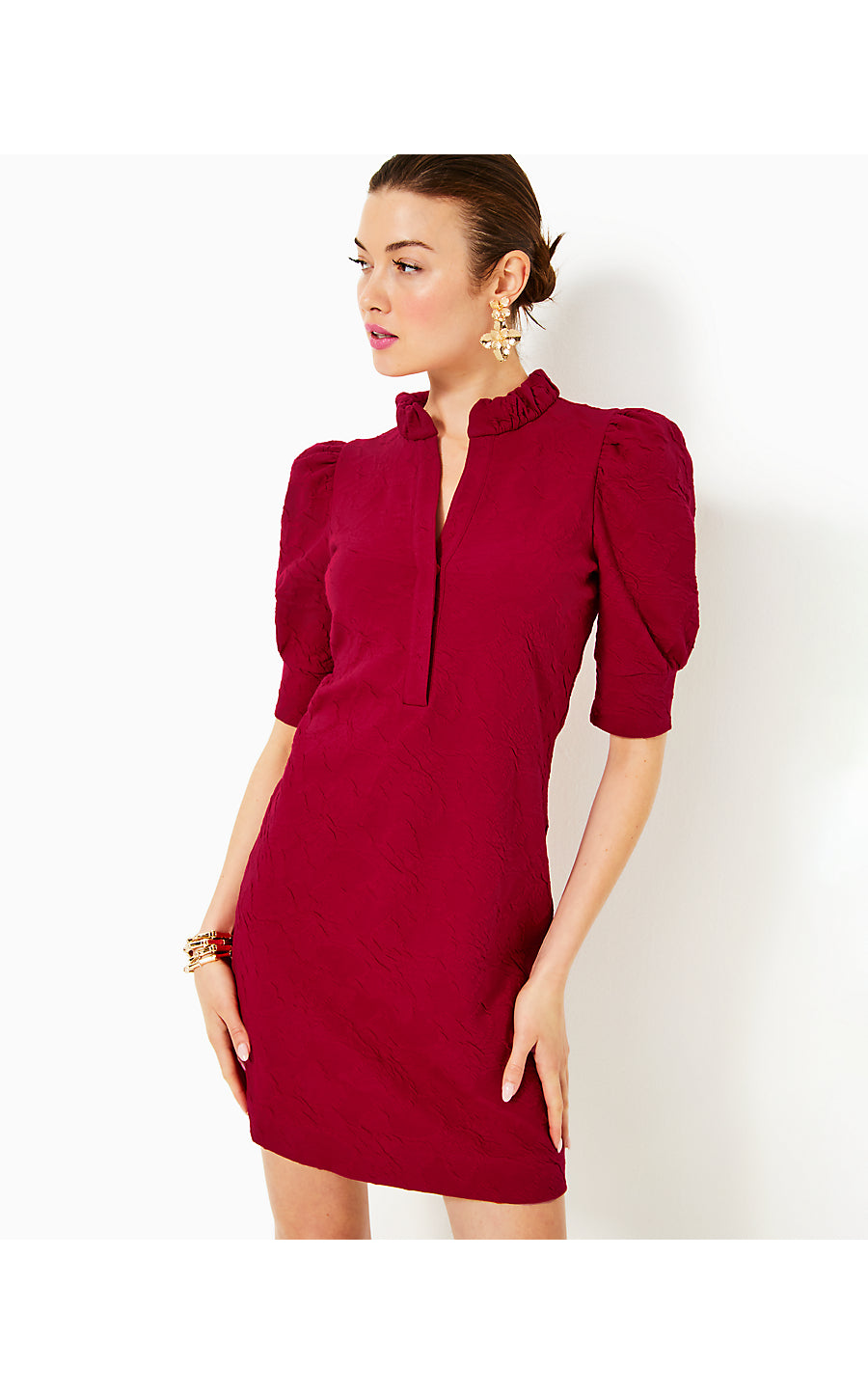 ELSEY DRESS - MALBEC RED - KNIT PUCKER JACQUARD