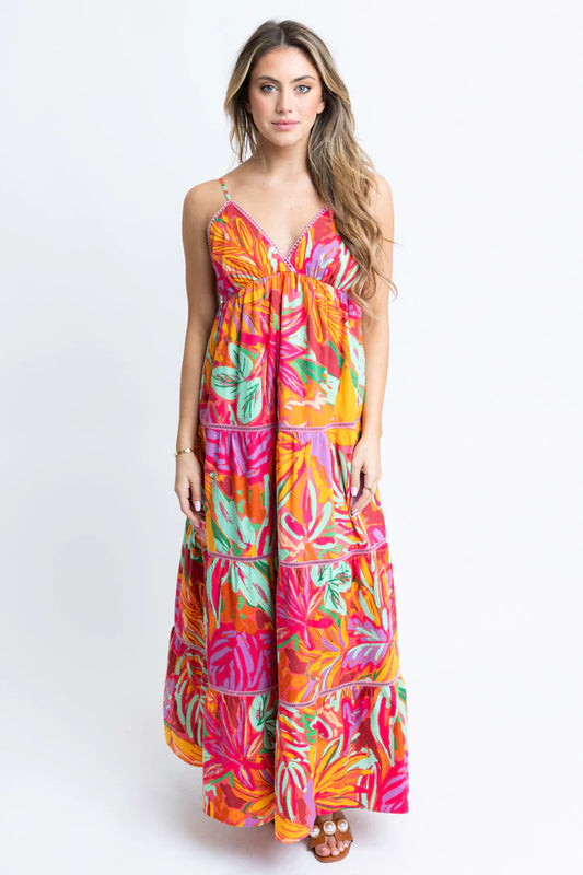 Tropical Halter Tier Maxi Dress