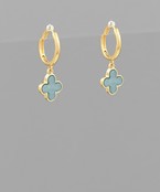 MOP Clover Charm Dangle Hoops - Turquoise/Gold