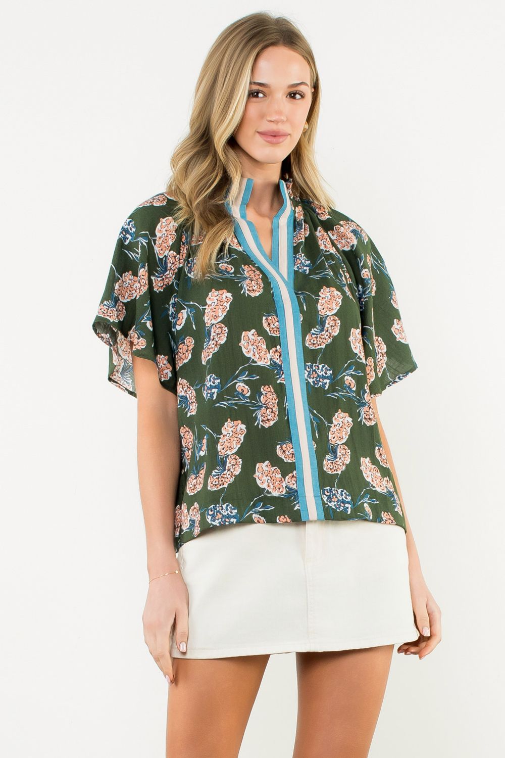 Flower Print Short Sleeve Top - GREEN