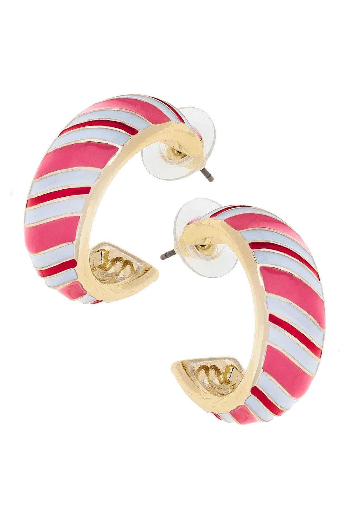 Canvas Style - Candy Cane Striped Enamel Hoop Earrings in Pink/White/Red