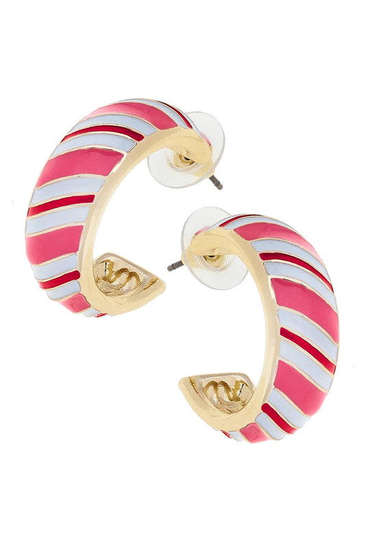 Canvas Style - Candy Cane Striped Enamel Hoop Earrings in Pink/White/Red