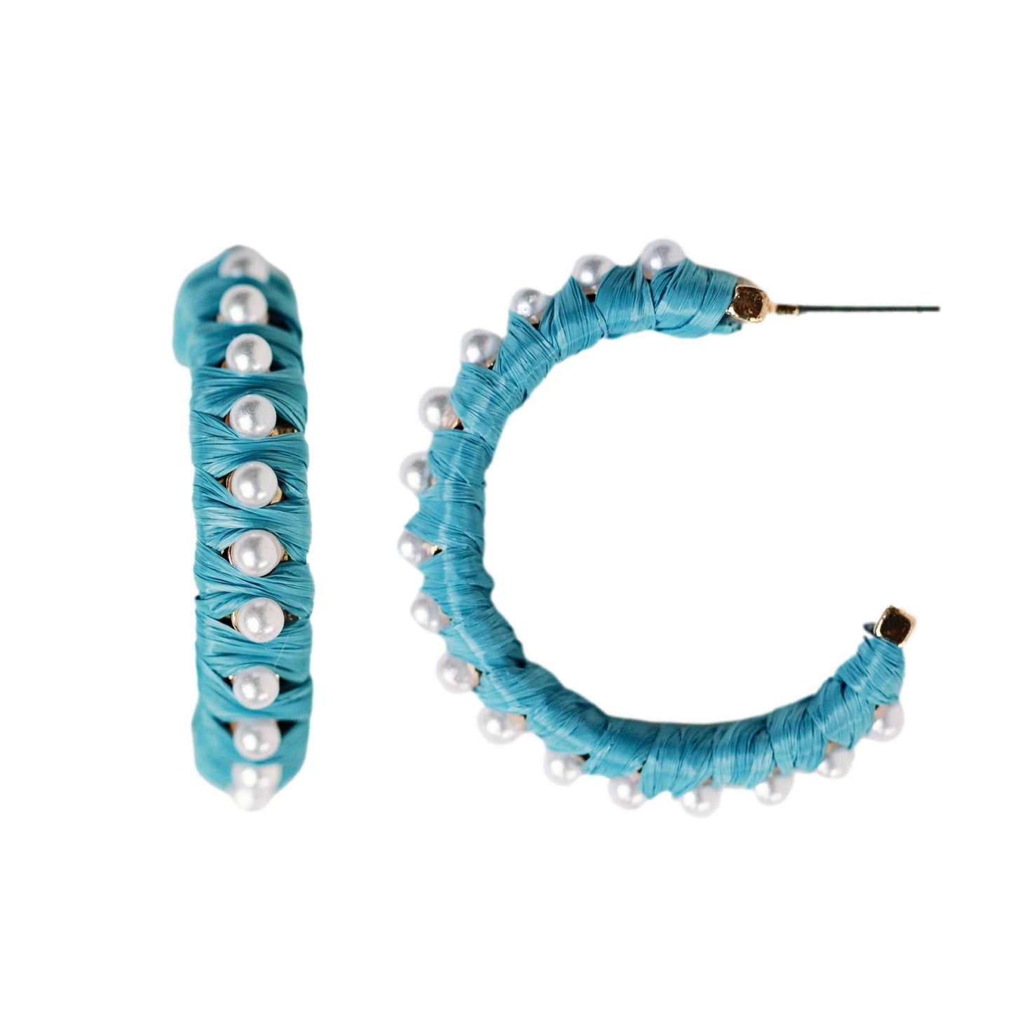Pearl Raffia Hoop Earrings - Cornflower Blue