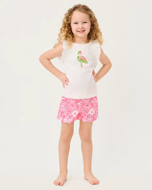 CHICKIE RUFFLE TOP-MULTI-ON PARADE GRAPHIC