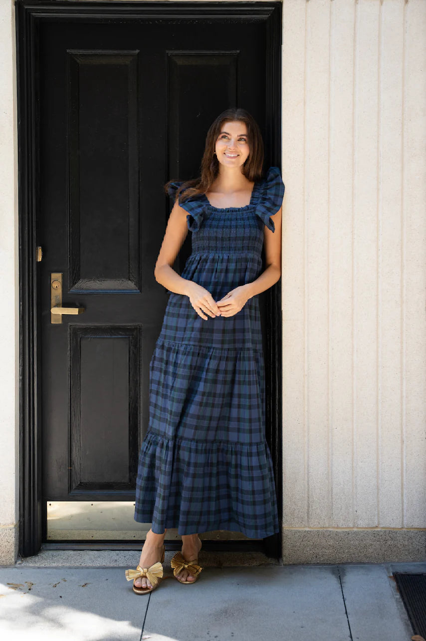 BLACKWATCH TARTAN FLUTTER SLEEVE SMOCKED MIDI DRESS