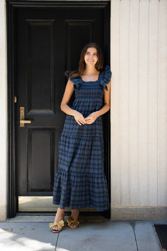 BLACKWATCH TARTAN FLUTTER SLEEVE SMOCKED MIDI DRESS