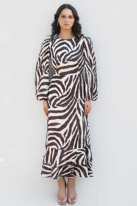 Zebra Print Ruffle Hem Maxi Dress