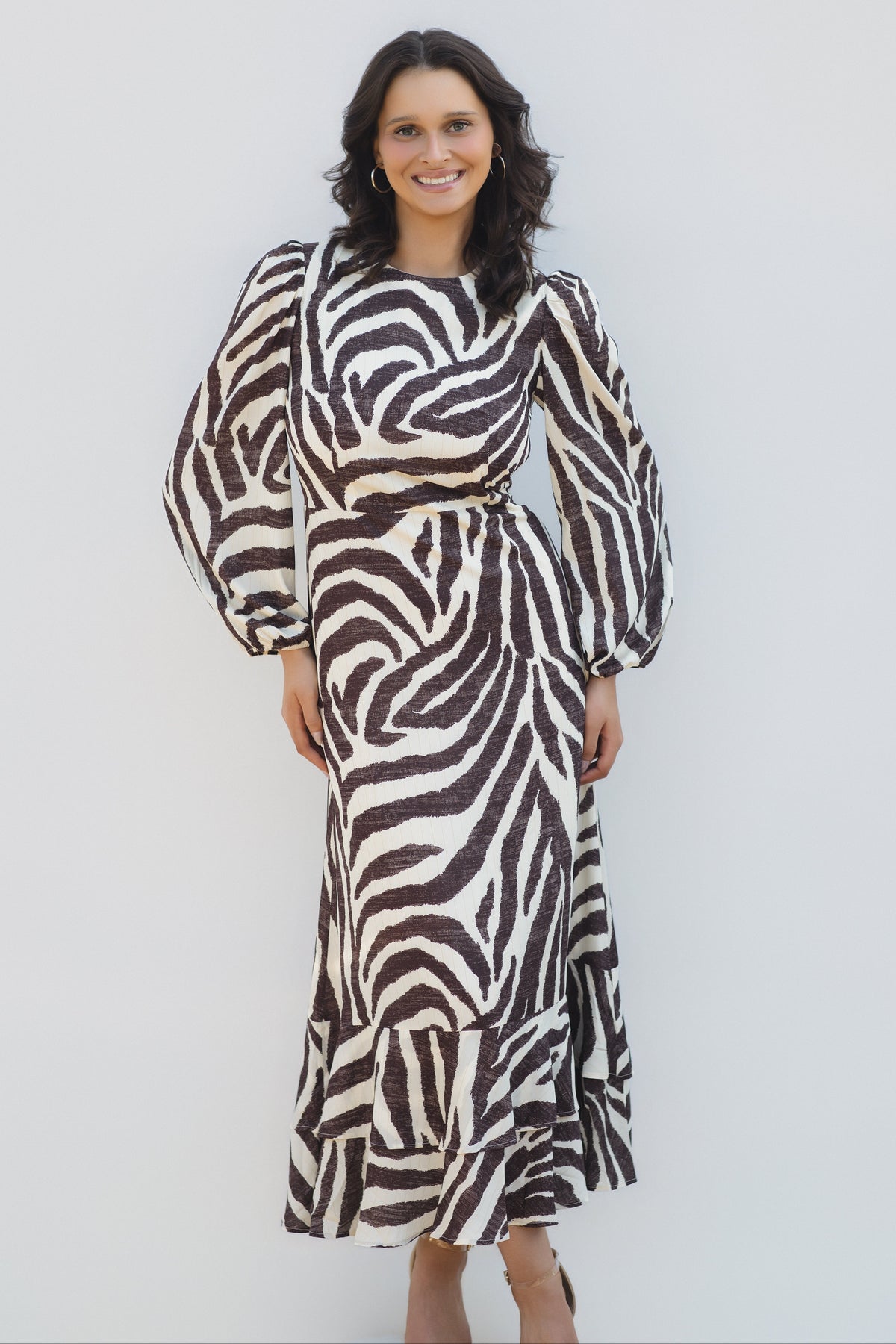 Zebra Print Ruffle Hem Maxi Dress