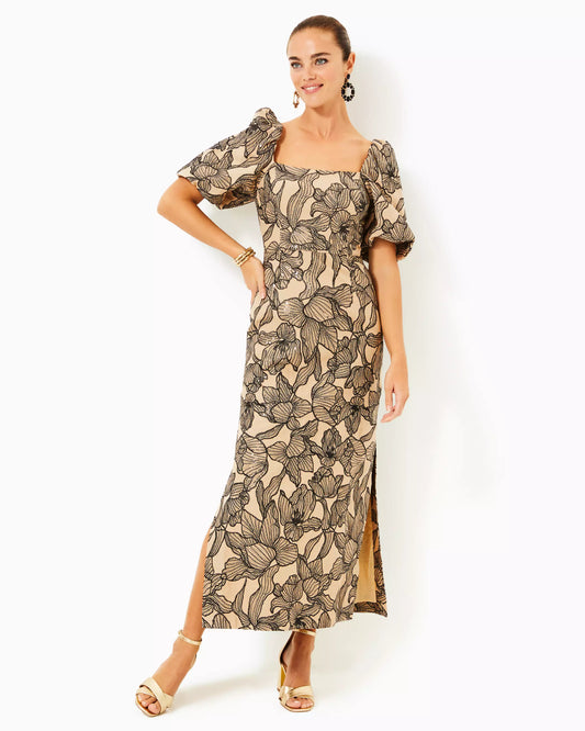 LINORA MAXI DRESS - WICKER TAN - EMBROIDERED SEQUIN EXPLODED FLORA