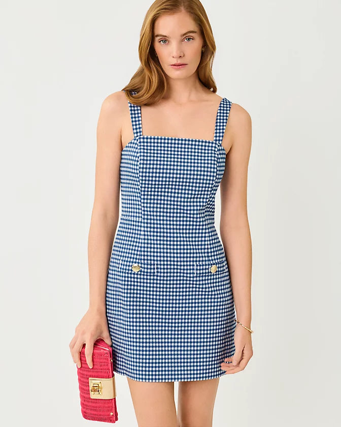 VEDA SKIRTED ROMPER-STARLIGHT NAVY-GINGHAM STRETCH JACQUARD