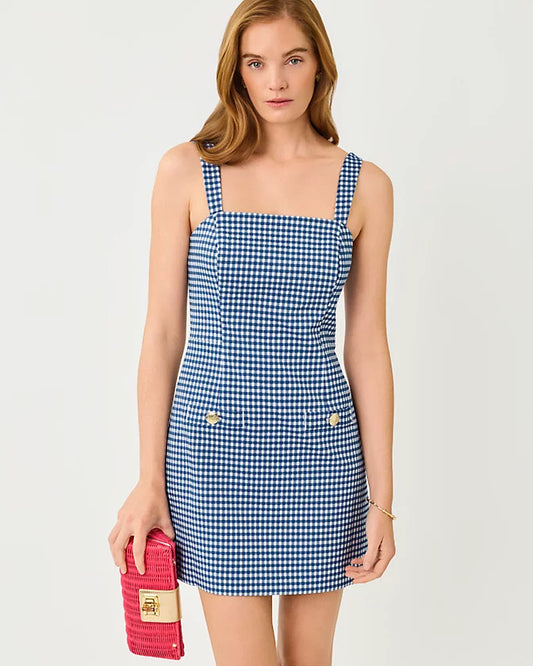 VEDA SKIRTED ROMPER-STARLIGHT NAVY-GINGHAM STRETCH JACQUARD