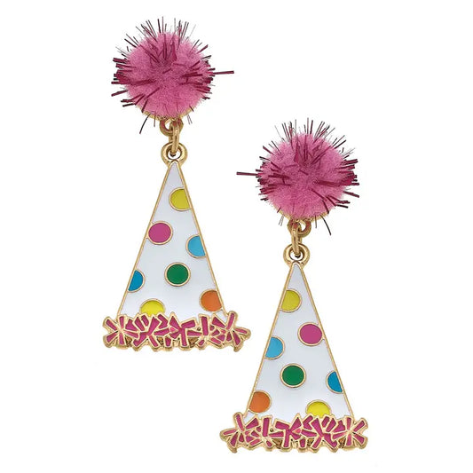 POLKA DOTTED PARTY HAT ENAMEL EARRINGS IN RAINBOW MULTI
