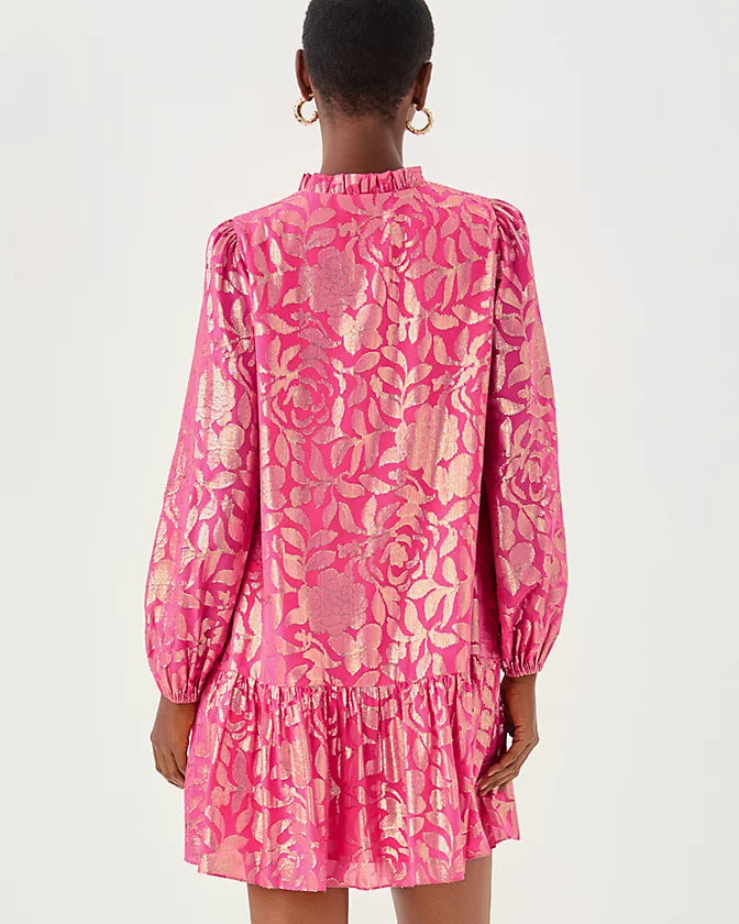 EVALINE SILK DRESS - SUN SHELL PINK - FLORAL BLOOM SILK CLIP