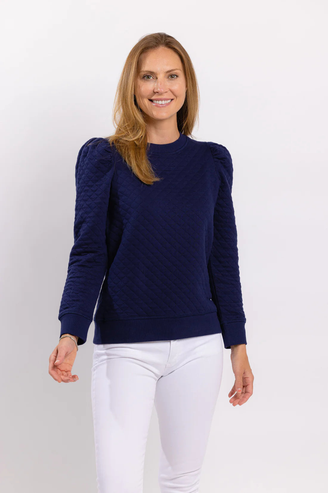 Quilted Puff Sleeve Sweatshirt - Navy