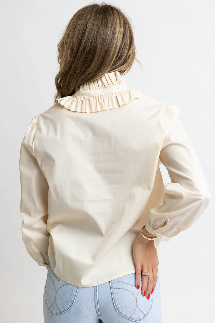 SOLID POPLIN RUFFLE NECK TOP