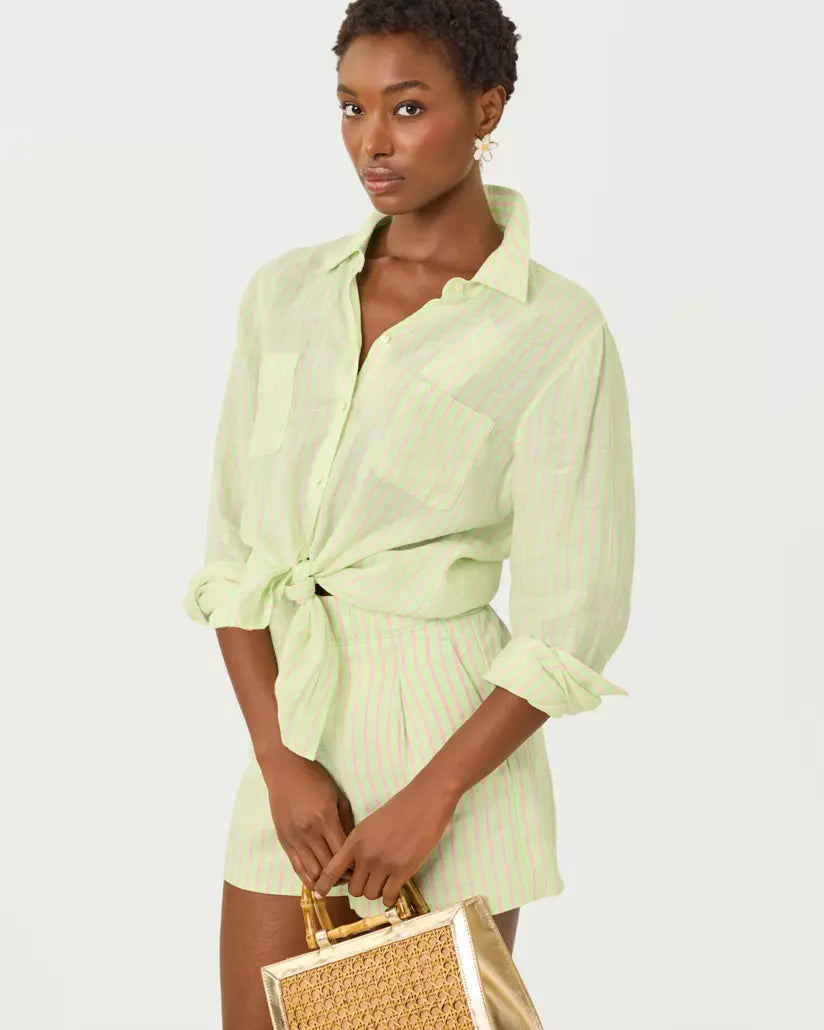SEA VIEW BUTTON DOWN - PISTACHIO MACARON - X CONCH SHELL PINK SAINT TROPEZ STRIPE -