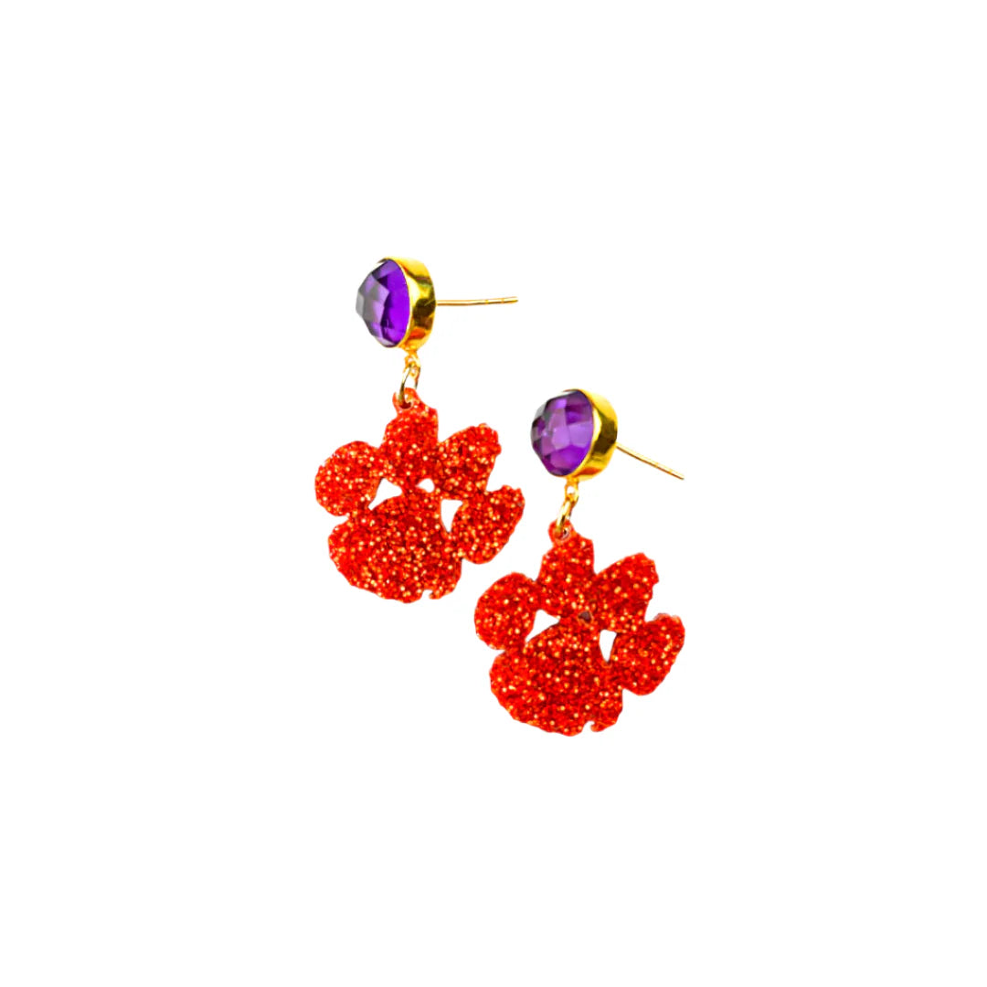 Clemson Mini Orange Glitter Paw Earrings
