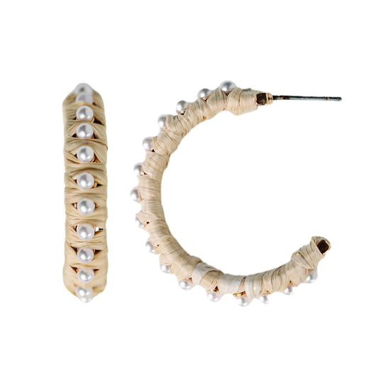 Pearl Raffia Hoop Earrings - NATURAL