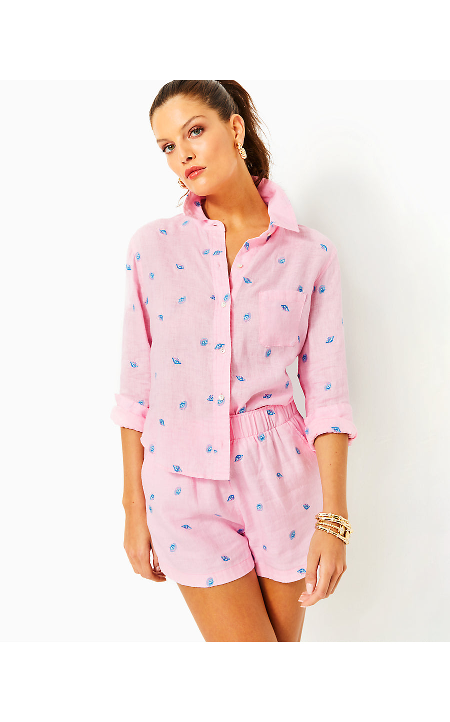 CORALYNN BUTTON DOWN - CONCH SHELL PINK - GONE SHELLIN EMBROIDERY