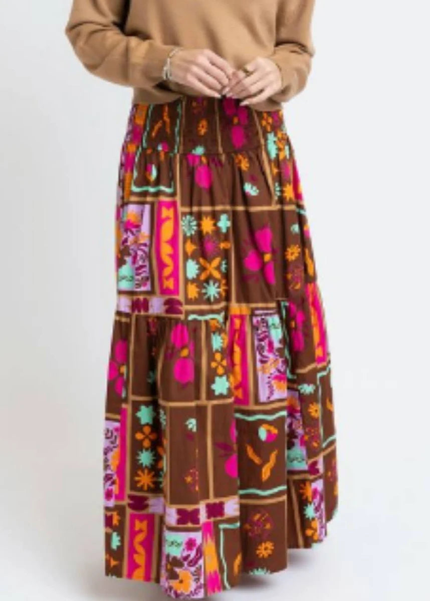 FLORAL FRAME TIER SMOCK MAXI SKIRT