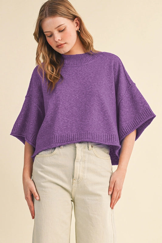 Marled Knit Mock Neck Short Sleeve Sweater - Purple