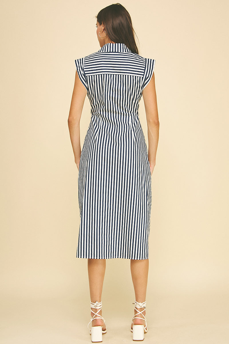 STRIPED BUTTON DOWN MIDI DRESS - NAVY