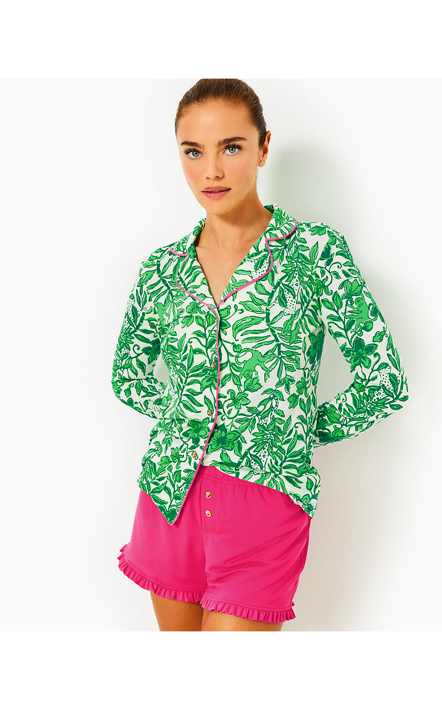 PJ KNIT  BUTTON-UP TOP - FIDDLE LEAF GREEN - LIL ESCAPE PLAN PJS