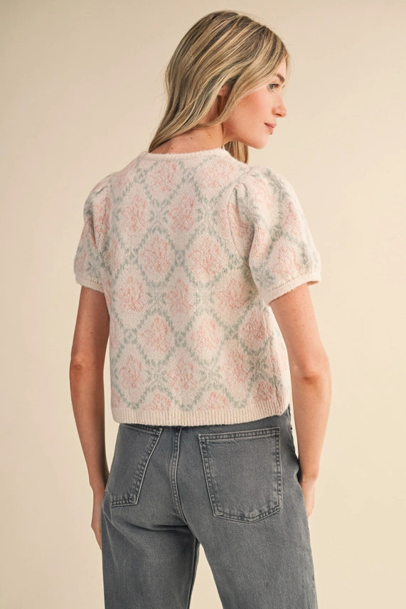 Floral Short Sleeve Sweater Cardigan